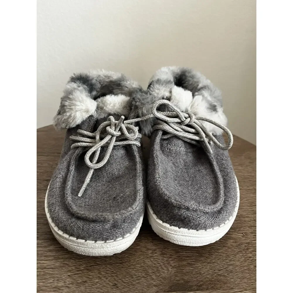 Hey Dude Shoes Youth 13 Britt Sneakers Gray Faux Fur Trim Lace Up Comfort Casual